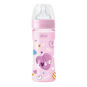 Chicco Well-Being Πλαστικό Μπιμπερό με Θηλή Σιλικόνης 2m+ Μέτρια Ροή Ροζ 250ml
