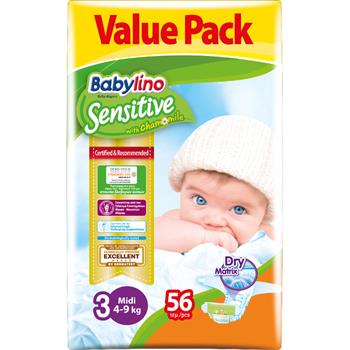 Babylino Midi Nο.3 (4-9 kg) Value Pack Απορροφητικές & Πιστοποιημένα Φιλικές Βρεφικές Πάνες 56τμχ