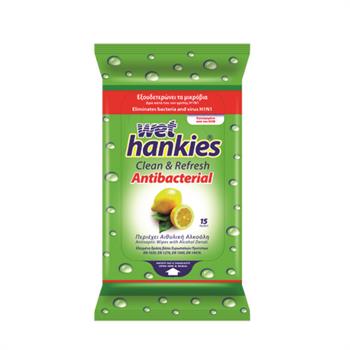 Wet Hankies Antibacterial Μαντηλάκια Αντιβακτηριδιακά με Αιθυλική Αλκοόλη και Άρωμα Λεμόνι 15τμχ
