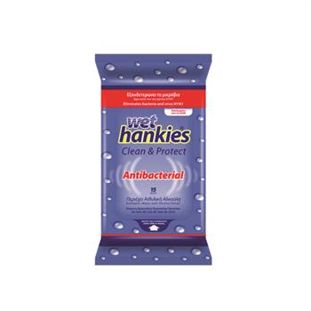 Wet Hankies Antibacterial Μαντηλάκια αντιβακτηριδιακά με αιθυλική αλκοόλη 15τμχ