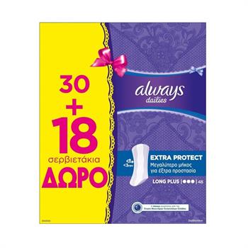 Always Dailies Extra Protect Σερβιετάκια Long Plus 30τμχ & Δώρο 18τμχ