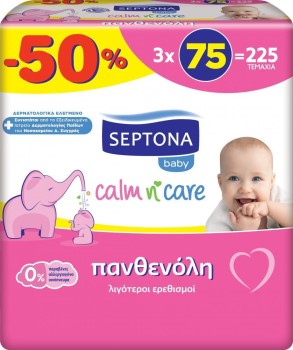 Septona Calm N' Care, Mωρομάντηλα Με Πανθενόλη, (50%), 3*75τμχ.