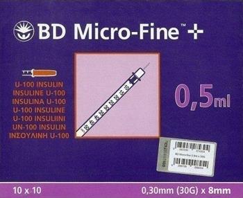 BD MICROFINE - ΣΥΡΙΓΓΑ ΙΝΣΟΥΛΙΝΗΣ 0,30mm ( 30G) Χ 8MM 0,5ML- 100τμχ