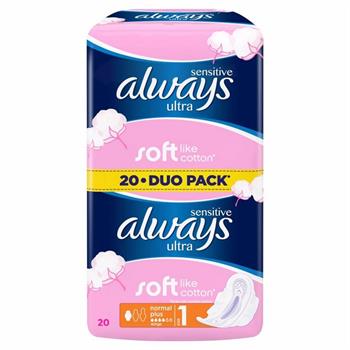 Always Sensitive Ultra Normal Plus Duo Pack Σερβιέτα Απαλή σαn Βαμβάκι, 20 τεμάχια