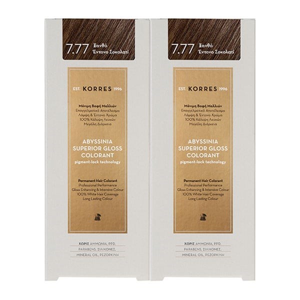 Korres PROMO Abyssinia Superior Gloss Colorant Μόνιμη Βαφή Μαλλιών 7.77 Ξανθό Έντονο Σοκολατί 2x50ml 1+1 ΔΩΡΟ
