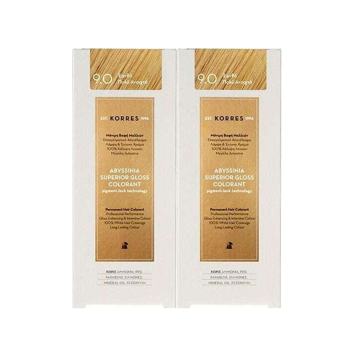 Korres PROMO Abyssinia Superior Gloss Colorant Μόνιμη Βαφή Μαλλιών 9.0 Ξανθό Πολύ Ανοιχτό 2x50ml 1+1 ΔΩΡΟ