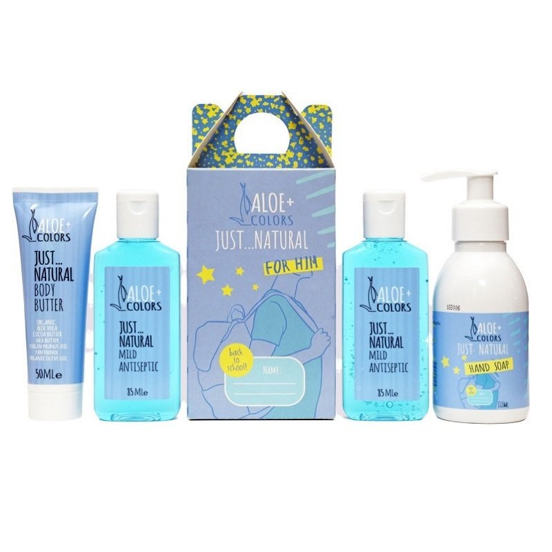 Aloe+ Colors Just Natural Back to school for him (2 αντισηπτικά 85ml, 1 butter χεριών 50ml & 1 κρεμοσάπουνο 150ml)