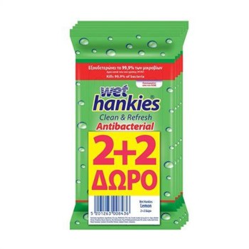 Wet Hankies Antibacterial Μαντηλάκια Αντιβακτηριδιακά με Αιθυλική Αλκοόλη και Άρωμα Λεμόνι 15τμχ 2+2 Δώρο
