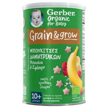 Gerber Organic For Baby 10m+ Grain & Grow Μπουκίτσες Δημητριακών με Γεύση Μπανάνα & Σμέουρο, 35gr
