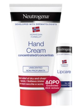 Neutrogena Promo Hand Cream Unscented Ενυδατική Κρέμα Χεριών Χωρίς Άρωμα, 75ml & Δώρο Lip Care Stick για Φροντίδα των Χειλιών, 4,8g