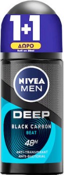Nivea Men Deep Carbon Beat Αποσμητικό 48h σε Roll-On 2x50ml