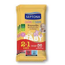 Septona Calm n' Care Baby Wipes Chamomile 2+1 Δώρο Μωρομάντηλα με Χαμομήλι, 3x12τεμ