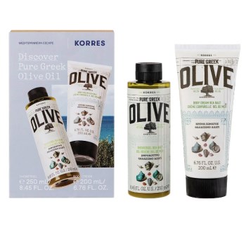 Korres Discover Pure Greek Olive Oil Set with Sea Salt Shower Gel, 250ml & Body Cream, 200ml, 1set