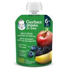 Gerber Organic For Baby 6m+ Φρουτοπουρές Μήλο, Μπανάνα, Μύρτιλο & Βατόμουρο, 90gr
