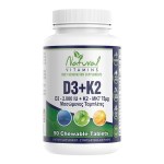 Natural Vitamins D3 (2000 IU) & K2 (Mk7-75μg), 90chew.tabs