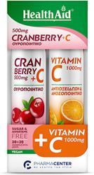 Health Aid Promo Pack Cranberry 500mg + C, 20tabs & Vitamin C 1000mg, 20tabs