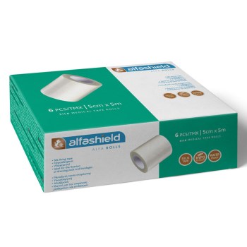 AlfaShield Alfa Silk Medical Tape Rolls Αδιάβροχη, Αυτοκόλλητη Ταινία Στερέωσης Επιθεμάτων & Επιδέσμων, από Μετάξι Λευκό 1 Τεμάχιο - 5m x 5cm