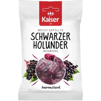 Kaiser Black Elderberry Candies Καραμέλες για τον Ερεθισμένο Λαιμό & τον Βήχα με Μαύρο Σαμπούκο & Υπέροχη Γεύση 90g