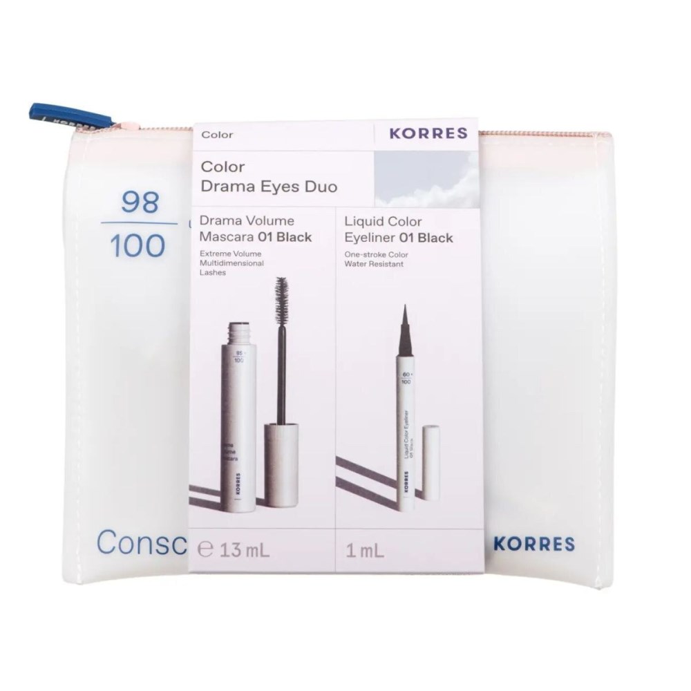 Korres Color Drama Eyes Duo 01 Black, Σετ Μακιγιάζ Ματιών με Μάσκαρα Όγκου και Υγρό Eyeliner 01 Black